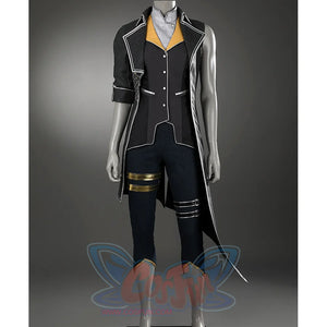 This outfit features an elegant, primarily in black, gold, silver, and deep navy blue tones.