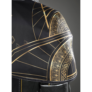 The long overcoat has a striking gold geometric pattern on the right shoulder.