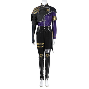 Maelle Cosplay Costume, black and purple outfit with vision, front view.