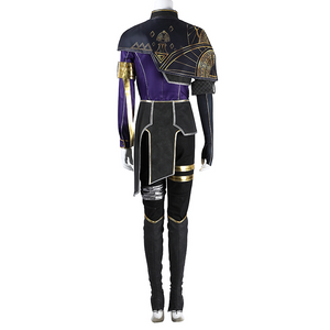 Maelle Cosplay Costume, black and purple outfit, back view, Showcasing irregularly shaped overcoat.