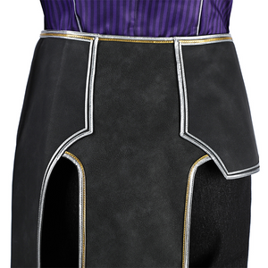 The pants have irregular frills with silver trim, side view.