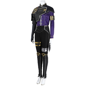 Maelle Cosplay Costume, black and purple outfit with golden and silver decoration, right side view.