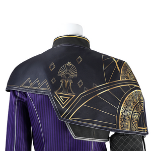 Back view of the Maelle overcoat adorned with golden patterns.