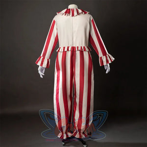 The back view about flando cosplay costume, the top part is beige, with red and beige striped ruffles on the collar, cuffs, and hem, the pants part are red and beige striped bloomers, there is a invisible zipper on the back.