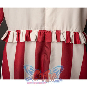 The back waist view about flando cosplay costume, the top part is beige, with red and beige striped ruffles on the hem, the pants part are red and beige striped bloomers too.