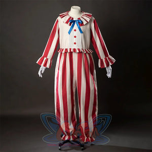 The cosplay costume about flando are brightly colored, mainly red and beige striped jumpsuits with ruffles on the collar, cuffs, hem, and trouser legs, a blue bow on the chest, and red buttons.