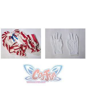 Clown in cornfield Flando Cosplay Costume set includes a red and beige striped jumpsuits and a pair of white gloves.