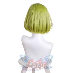 Back view of Coco cosplay wig with short green bob-cut straight hair on mannequin head