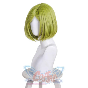 Left side profile of Coco cosplay wig with short green bob hair on mannequin stand