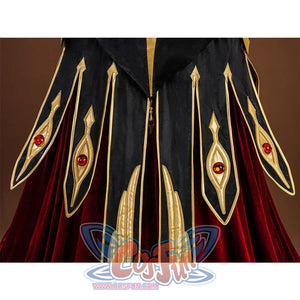 The cloak on the back is made of dark red velvet with golden decorative lines, there is a pendant on the tip of the hat, the combination of black and gold forms a strong contrast, the red gems embedded in it add a mysterious and noble atmosphere.