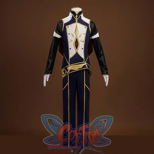 The top is a combination of white, dark purple and black, with gold decorative lines outlining an exquisite pattern, a red gem embedded in the center, a gold belt decoration at the waist, and dark pants also decorated with gold lines.