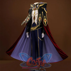 Knight of Zero Cosplay Costume' undershirt color is mainly dark purple and white, use lot of delicate gold trims, red gemstones inlaid on the chest and shoulders, belt decorated with golden wings.
