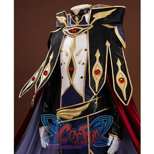 The overall color scheme is mainly dark purple, black and crimson. The use of delicate gold trims, red gemstones inlaid on the chest and shoulders, there is an emerald pendant on each of the two ribbons in front.