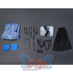 Corpse Bride Emily Cosplay Costume, includes tube top dress, skirt accessories, veil, bustle, leg warmers, waist chain, anklet chain, sleeves