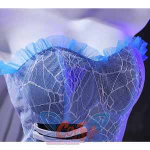 Corpse Bride Emily Cosplay Costume, blue tube top dress with silver spray mesh