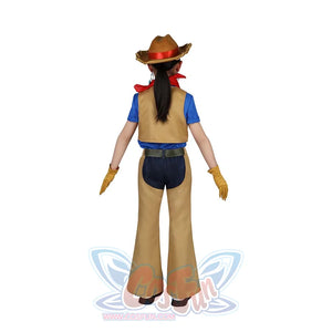 Back view of child in Cowgirl Peach cosplay costume, showcasing hat, bandana, vest, and pants from behind.