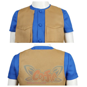 Presents front and back views of the brown vest from Cowgirl Peach cosplay, paired with a blue shirt.