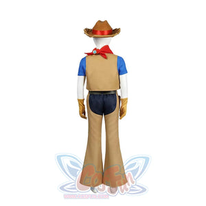 Back view of Cowgirl Peach cosplay costume, showing hat, bandana, vest, and pants design.