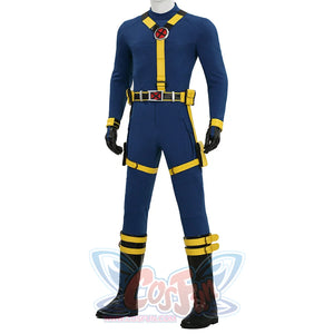 Cyclops cosplay front view showing blue and yellow suit with X-Men logo and yellow belt details