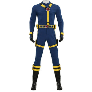 Cyclops cosplay costume featuring blue and yellow suit with X-Men logo, black gloves and boots