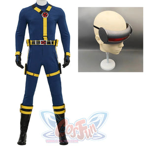 Cyclops cosplay full costume in blue and yellow with X-Men logo, plus red visor helmet