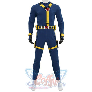 Cyclops cosplay full front view showing blue and yellow suit with X-Men logo without boots