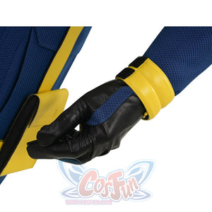 Cyclops cosplay black glove close-up with yellow cuff on blue sleeve showing costume details