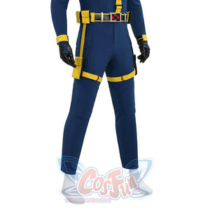 Cyclops cosplay lower body view showing blue pants, yellow utility belt and black gloves