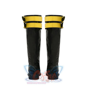 Cyclops cosplay shoes displayed from behind, showing black knee-high boots with yellow straps