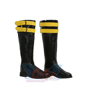 Cyclops cosplay shoes, black knee-high boots with yellow buckle straps, side angle view