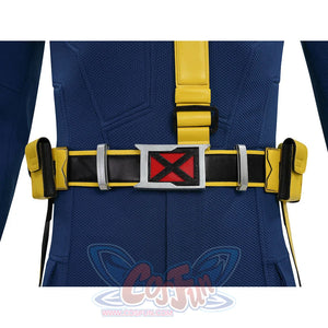 Cyclops cosplay utility belt close-up with X-Men buckle, yellow pouches and black panels