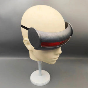 Cyclops cosplay visor goggles with red lens and gray resin frame on a mannequin head