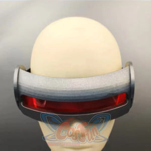 Cyclops cosplay visor goggles with red lens and dark resin frame shown from the front on a mannequin