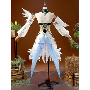 Back view of DNA Duet Night Abyss Truffle cosplay costume showing feathered sleeves and blue cape