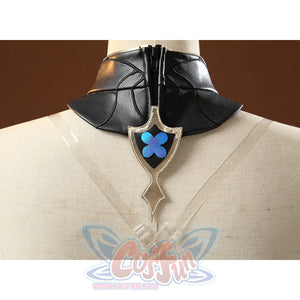 Back detail of black collar with blue flower emblem on DNA Duet Night Abyss Truffle cosplay costume