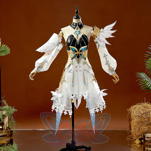 Front view of DNA Duet Night Abyss Truffle cosplay costume with white feathered shoulder ornaments