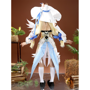 Back view of model in DNA Duet Night Abyss Truffle cosplay costume showing blue cape details