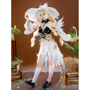Left side angle of model in DNA Duet Night Abyss Truffle cosplay costume with posed hand gesture
