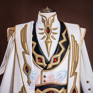 Anime Lelouch cosplay white cloak drapes gold shoulder details over dark fabric with ornate red jewels.
