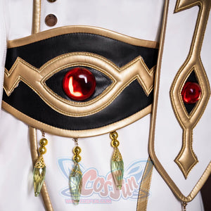 Anime Lelouch cosplay waist piece centers a gold eye design over red gem and green teardrop dangles.