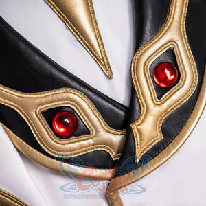 Anime Lelouch cosplay fabric detail traces intricate gold embroidered trim beside glossy red gemstones.