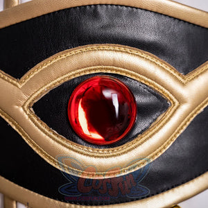 Anime Lelouch cosplay belt detail centers a domed red gem within a raised gold eye-shaped frame.