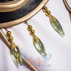 Anime Lelouch cosplay collar detail drops three green teardrop baubles beneath a gold-piped black neckline.