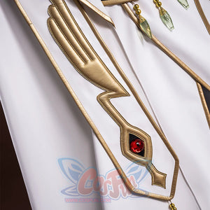 Anime Lelouch cosplay garment trim pairs a red faux-gem accent against a light green teardrop chain.