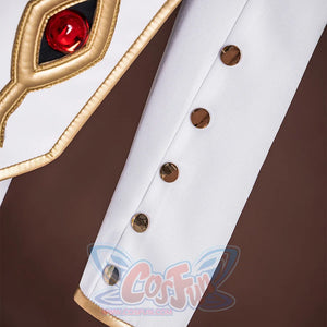Anime Lelouch cosplay sleeve detail anchors five brass dome buttons along a gold-piped epaulet.