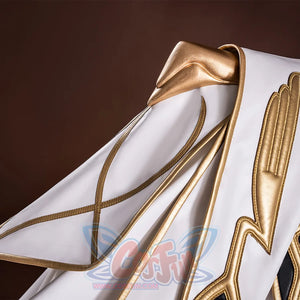 Anime Lelouch cosplay garment piece layers gold leaf embroidery along a trimmed white fabric edge.