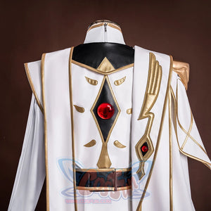 Anime Lelouch cosplay tunic and cape set anchors large red gems against white and gold black-accented panels.