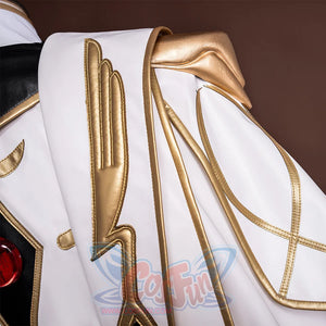 Anime Lelouch cosplay shoulder detail frames wing-shaped gold patches over a black and white trimmed sleeve.