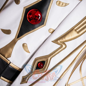 Anime Lelouch cosplay white garment centers a black diamond section beside large red gems and loose gold petal pieces.