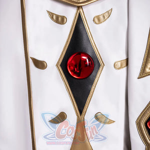 Anime Lelouch cosplay bodice centers a red gem over a black diamond panel flanked by four teardrop accents.